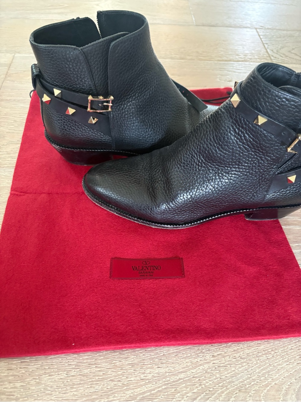 Valentino Black Leather Ankle Booties with Gold Pyramid Studs